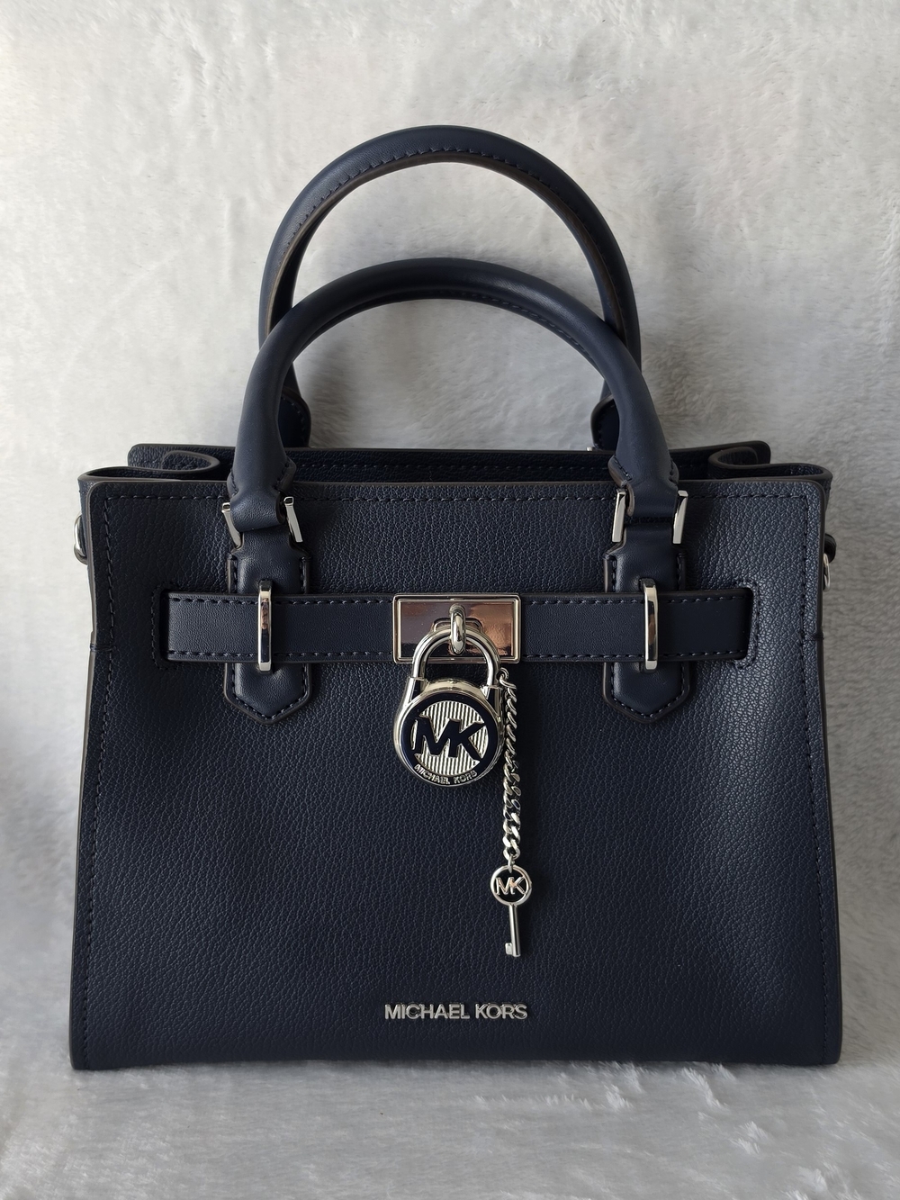 Michael Kors Navy Leather Satchel with MK Charm